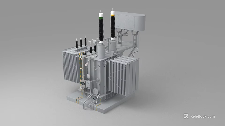 Industrial Electrical Transformer With Metal Structure Insulation Bushings And Cooling Fins 3d model 