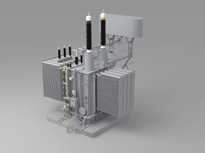 Industrial Electrical Transformer With Metal Structure Insulation Bushings And Cooling Fins 3d model