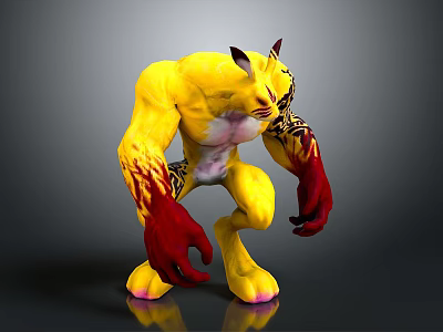 Muscular Yellow Mythical Creature Character With Red Claws Tiger Stripes And Horns 3d model
