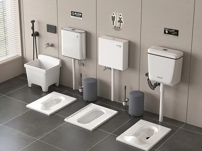Bathroom With Multiple Squat Toilets White Water Tanks Wall Hooks And Gray Tiled Floor 3d model