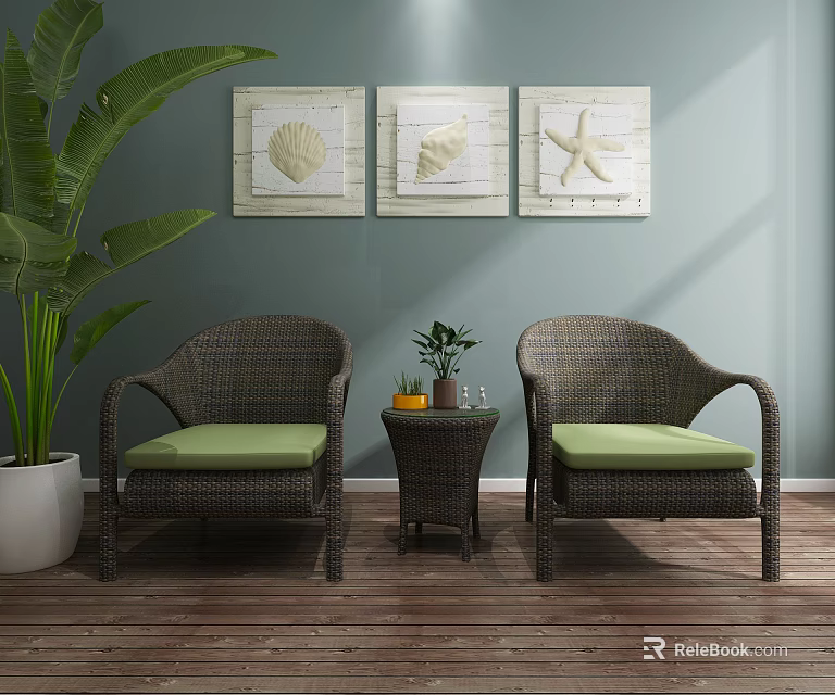 Leisure Chairs Rattan Design With Green Cushions Small Side Table And Decorative Wall Art 3d model 
