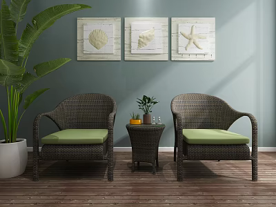 Leisure Chairs Rattan Design With Green Cushions Small Side Table And Decorative Wall Art 3d model