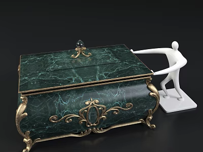 Elegant Decorative Ornament Set With Green Marble Box Golden Accents And White Figurine 3d model