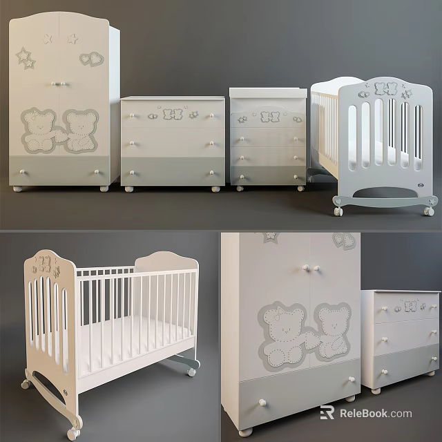 White Baby Crib With Teddy Bear Designs And Matching Nursery Dresser Set 3d model 