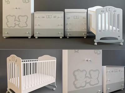 White Baby Crib With Teddy Bear Designs And Matching Nursery Dresser Set 3d model