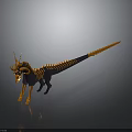 3D Mythical Horned Creature Character With Orange Black Skeletal Body And Long Tail