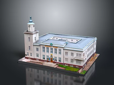 Detailed Scenic View of White Building with Clock Tower Blue Roof Steps and Green Lawn 3d model