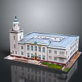 Detailed Scenic View of White Building with Clock Tower Blue Roof Steps and Green Lawn