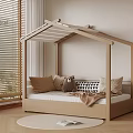 Wooden Kids Bed with House-Shaped Roof Pillows Blanket and Round Rug in Bright Room