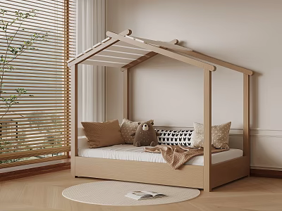 Wooden Kids Bed with House-Shaped Roof Pillows Blanket and Round Rug in Bright Room 3d model