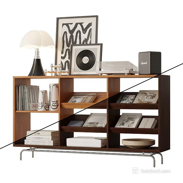Modern Wooden Display Shelf with Books Vinyl Record Table Lamp and Decorative Items 3d model 