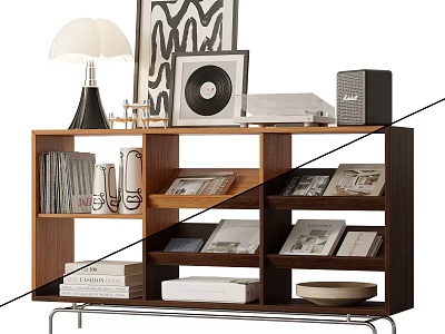 Modern Wooden Display Shelf with Books Vinyl Record Table Lamp and Decorative Items 3d model