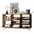 Modern Wooden Display Shelf with Books Vinyl Record Table Lamp and Decorative Items