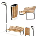Modern Roadside Facilities Featuring Wooden Bench Metal Trash Can And Street Lamp