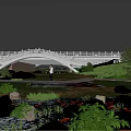 Scenic Stone Arch Bridge With White Railing Over River Rocks And Trees Under Sunset Sky