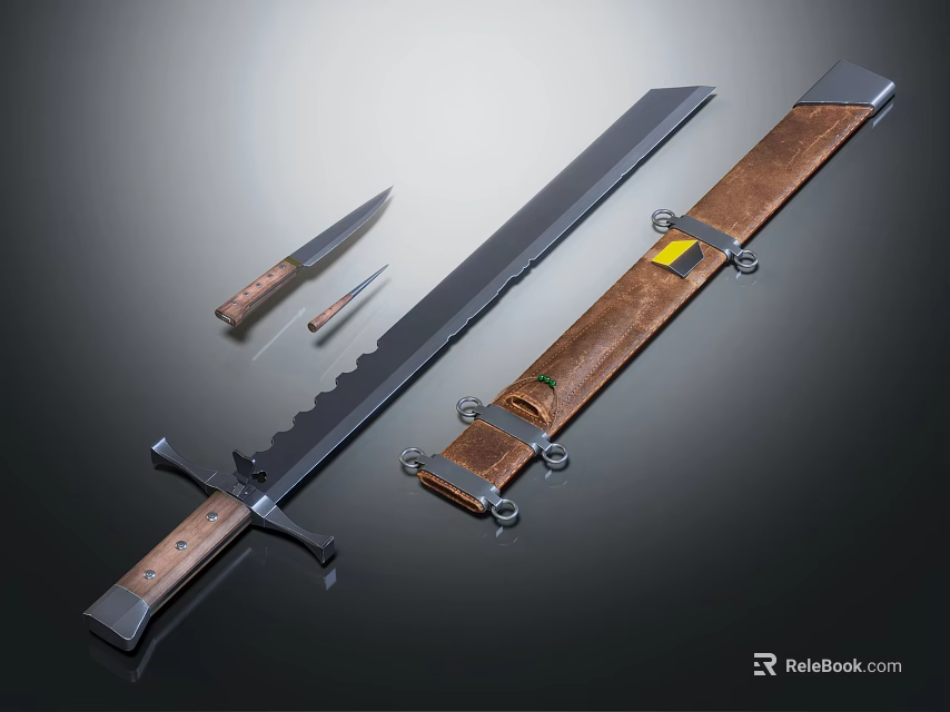 Traditional Medieval Weapon Set Including Long Sword Dagger With Leather Sheath And Wooden Handle 3d model 
