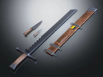 Traditional Medieval Weapon Set Including Long Sword Dagger With Leather Sheath And Wooden Handle 3d model