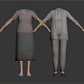 Daily Clothing Items on Mannequins Light Brown Top Gray Skirt Gray Coat Purple Inner Shirt and Pants