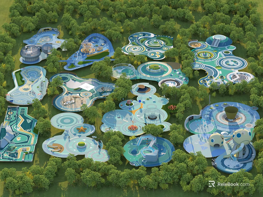 Natural Outdoor Children's Play Area With Green Trees And Blue Circular Play Structures 3d model 