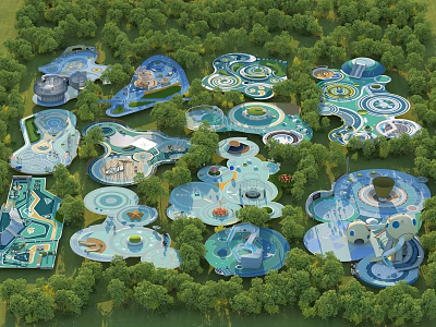 Natural Outdoor Children's Play Area With Green Trees And Blue Circular Play Structures 3d model