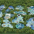 Natural Outdoor Children's Play Area With Green Trees And Blue Circular Play Structures
