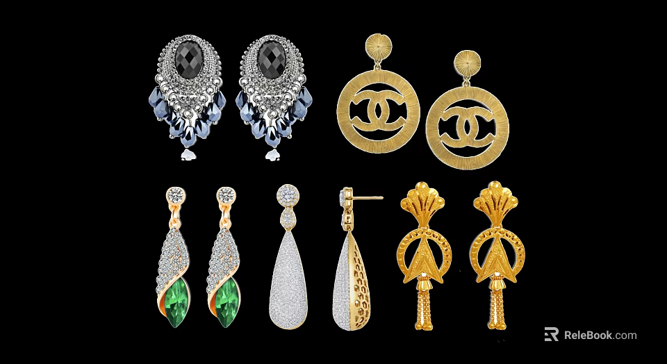 Fashionable Silver Gold Plated Earrings With Black Gemstone Crystal Green Stone Teardrop And Diamond 3d model 