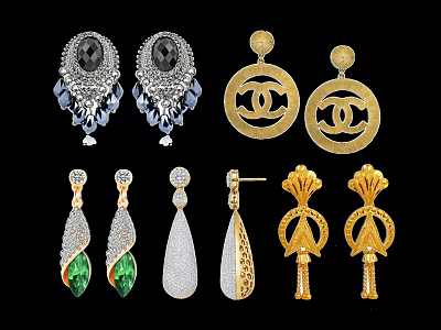 Fashionable Silver Gold Plated Earrings With Black Gemstone Crystal Green Stone Teardrop And Diamond 3d model