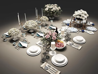 Elegant Table Setting With Dinnerware Set Plates Cutlery Glassware Candles And Flower Bouquets 3d model