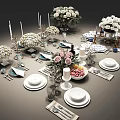 Elegant Table Setting With Dinnerware Set Plates Cutlery Glassware Candles And Flower Bouquets