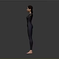Woman in Black Bodysuit with Arms Outstretched Standing Barefoot Against Gray Background