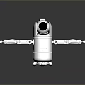 White Robot Character Featuring Round Head Black Lens Mechanical Arms Small Wheels On Dark Background