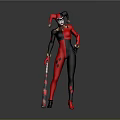 Detailed Clown Costume With Red And Black Bodysuit Jester Hat And Decorated Staff