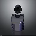 Tactical Protective Weapon Gear With Black Helmet And Purple Bulletproof Vest On Dark Reflective Background