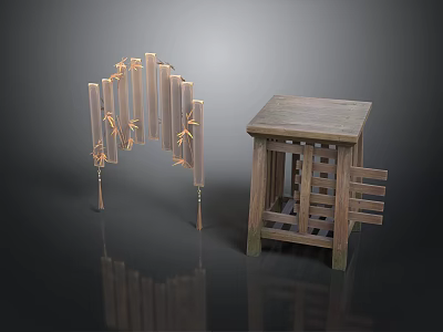 Rustic Wooden Furniture Set With Bamboo Leaf Decorated Screen And Lattice Table 3d model