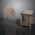 Rustic Wooden Furniture Set With Bamboo Leaf Decorated Screen And Lattice Table