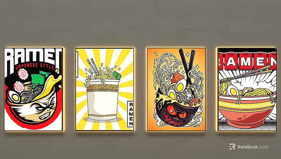 Decorative Lights Illuminated Ramen Theme Artistic Paintings With Yellow Frames Wall Decor 3d model 