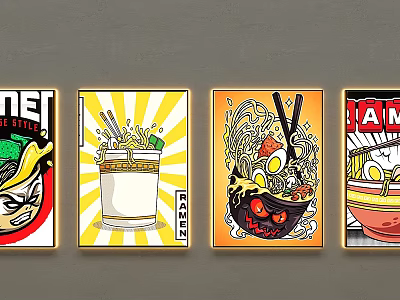 Decorative Lights Illuminated Ramen Theme Artistic Paintings With Yellow Frames Wall Decor 3d model
