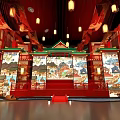 Chinese Style Stage Decorated With Hanging Lanterns Landscape Painting Red Carpet Golden Pillars And Mist