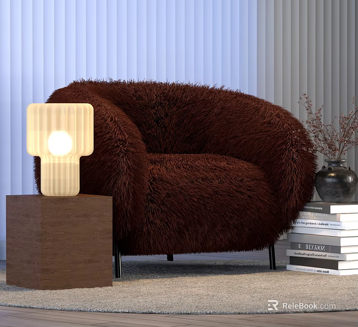 Wooden Table Lamp with Cube Base Beside Brown Furry Armchair and Book Stack 3d model 