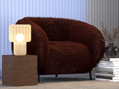 Wooden Table Lamp with Cube Base Beside Brown Furry Armchair and Book Stack 3d model