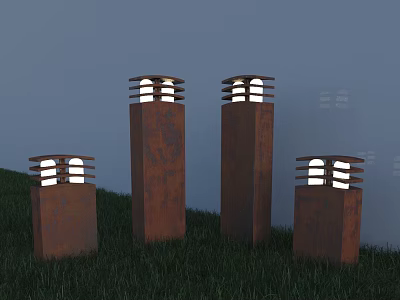 Outdoor Columnar Lights With Rustic Brown Design And Glowing Tops On Grass Field 3d model