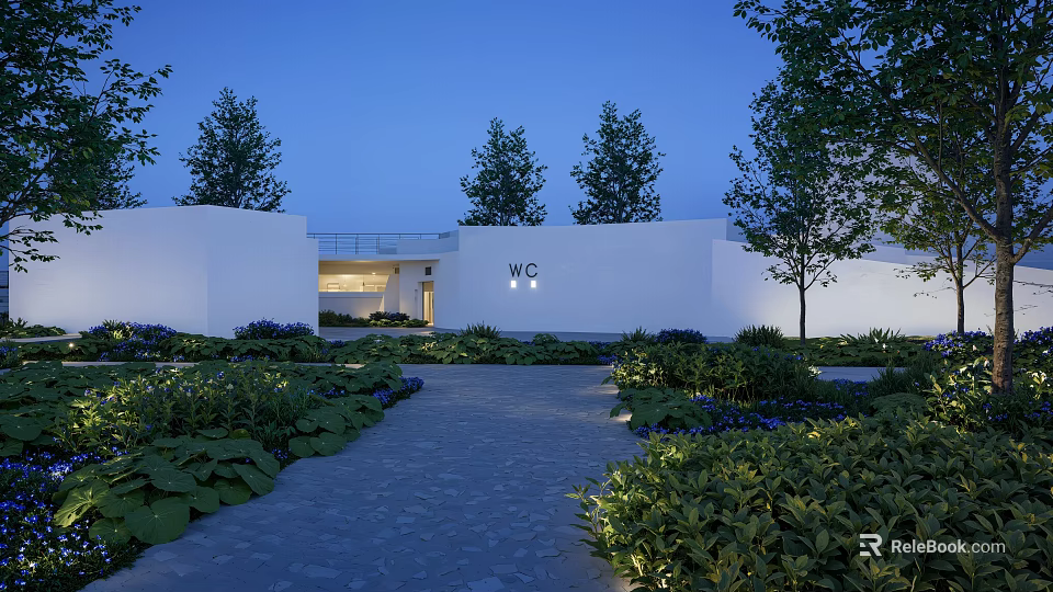 Modern Public Restroom With White Architecture Nighttime Lighting And Surrounding Green Plants 3d model 