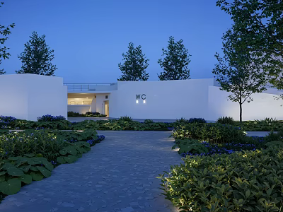 Modern Public Restroom With White Architecture Nighttime Lighting And Surrounding Green Plants 3d model