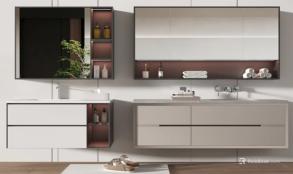 Modern Bathroom Vanity with Large Mirror Light Colored Cabinets Double Sink Toiletries and Green Plant 3d model 