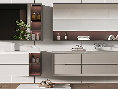 Modern Bathroom Vanity with Large Mirror Light Colored Cabinets Double Sink Toiletries and Green Plant 3d model