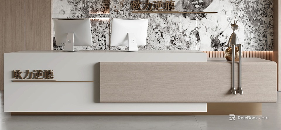 Stylish Contemporary Reception Desk Interior With Computer Monitors And Marble Background Design 3d model 