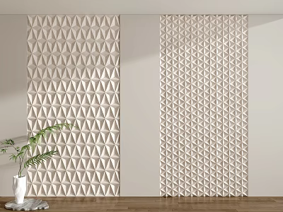 Light Beige Textured Wall With Triangular Patterns And Potted Plant On Wooden Floor 3d model