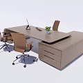 Modern Wooden Office Desk With Computer Monitor Potted Plant And Brown Chairs