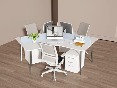 Modern White Office Desk With Multiple Monitors Office Chair And Potted Plant 3d model