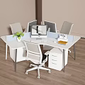 Modern White Office Desk With Multiple Monitors Office Chair And Potted Plant